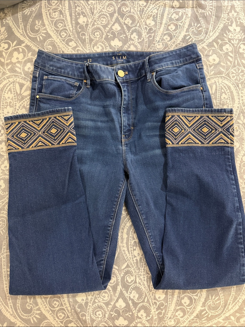 White House Black Market Slim Dark Blue Jeans with Embroidered Cuff Detail